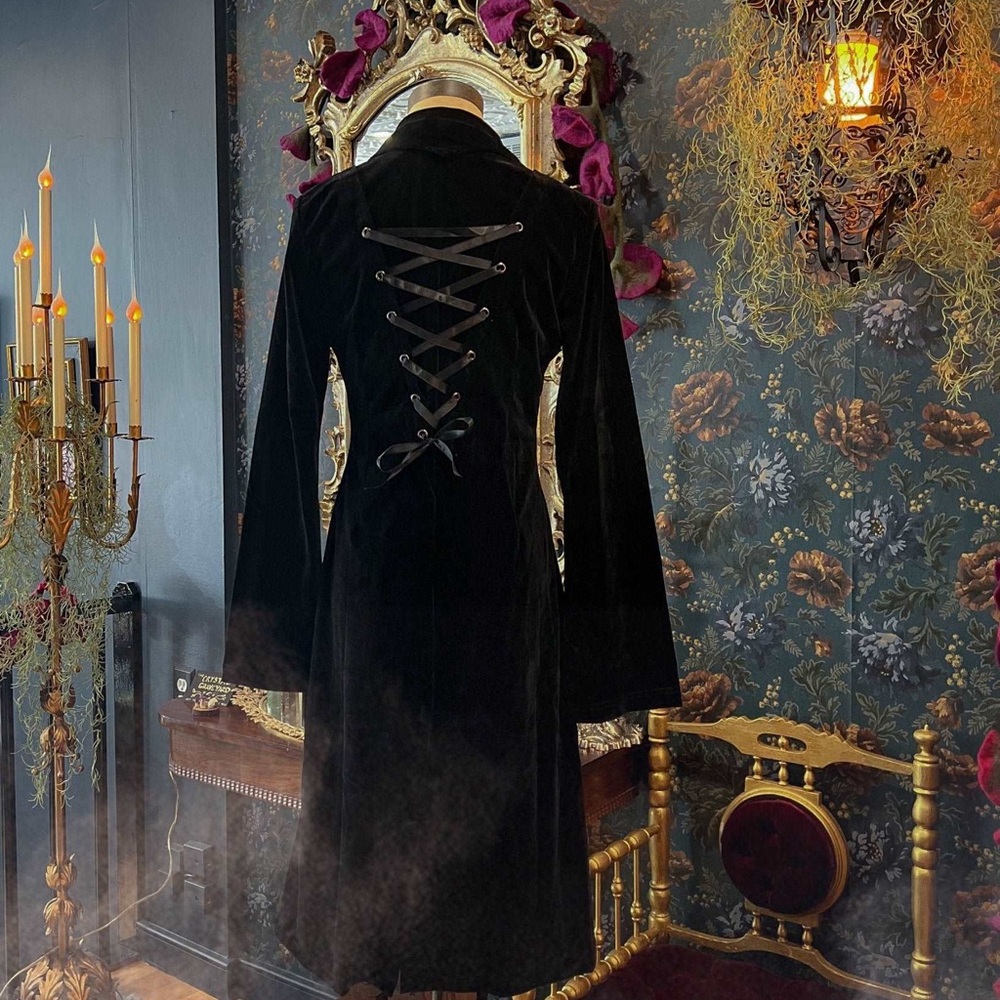 Elegant Black Velvet Blazer with corset ribbon detailing and belled sleeves